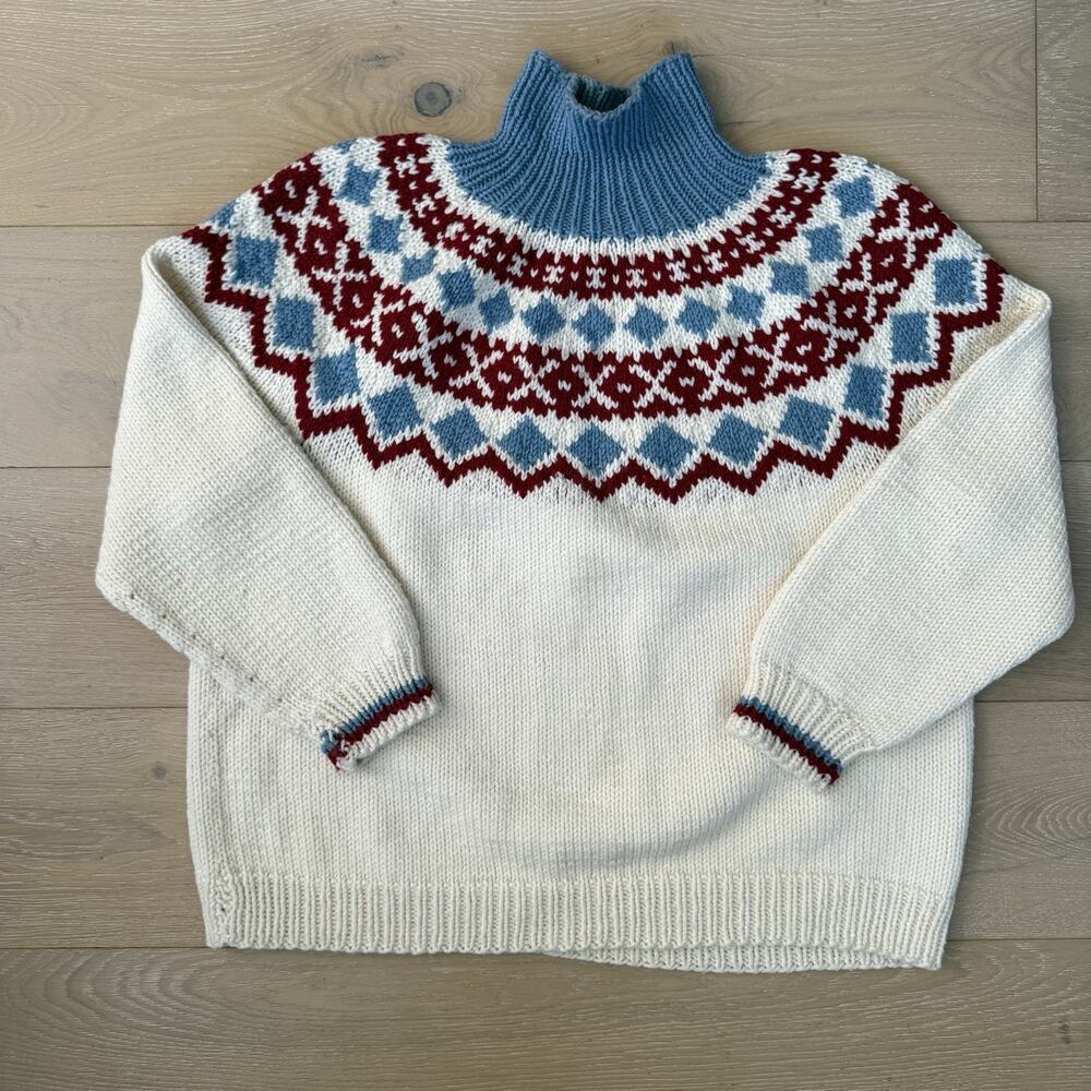 Vintage Icelandic Fair Isle Sweater Handmade White Blue Red Yolk L Non Wool - Picture 2 of 10